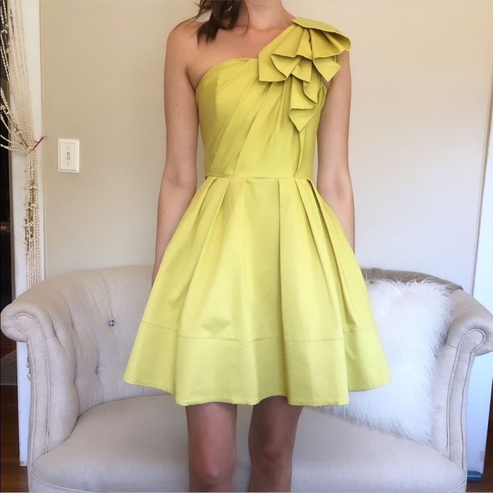 Chartreuse Dress with ruffle, asymmetrical